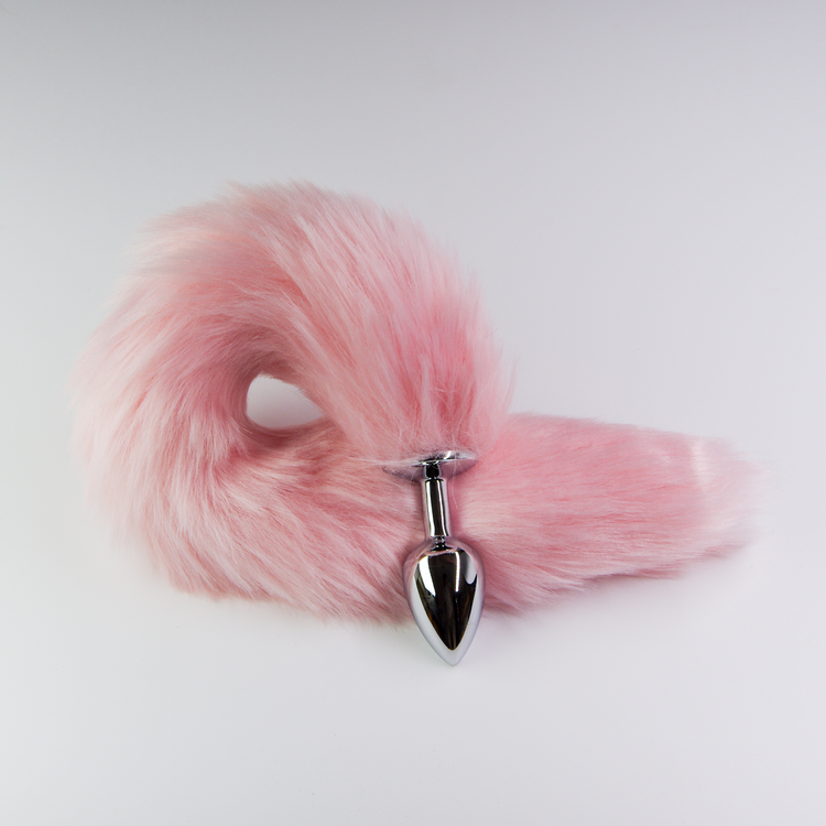 פלאג מתכת עם זנב שועל ורוד מעושן - קטן / 28 מ"מ