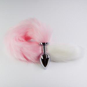 פלאג מתכת עם זנב שועל ורוד עם קצה לבן - קטן / 28 מ"מ